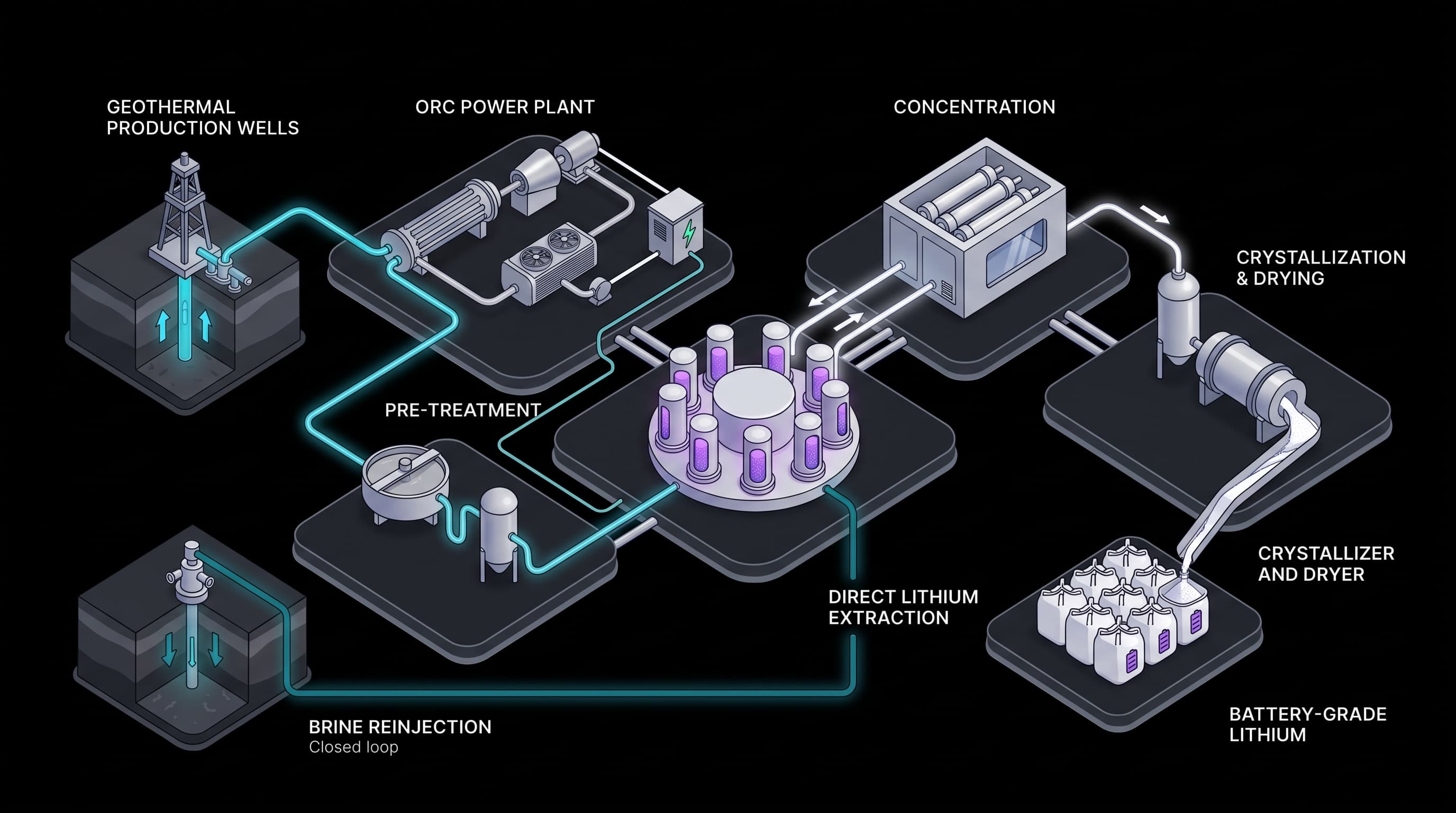 East Texas Lithium process: geothermal production wells, ORC power plant, pre-treatment, direct lithium extraction, concentration, crystallization, and drying, battery-grade lithium, and brine reinjection in a closed loop.